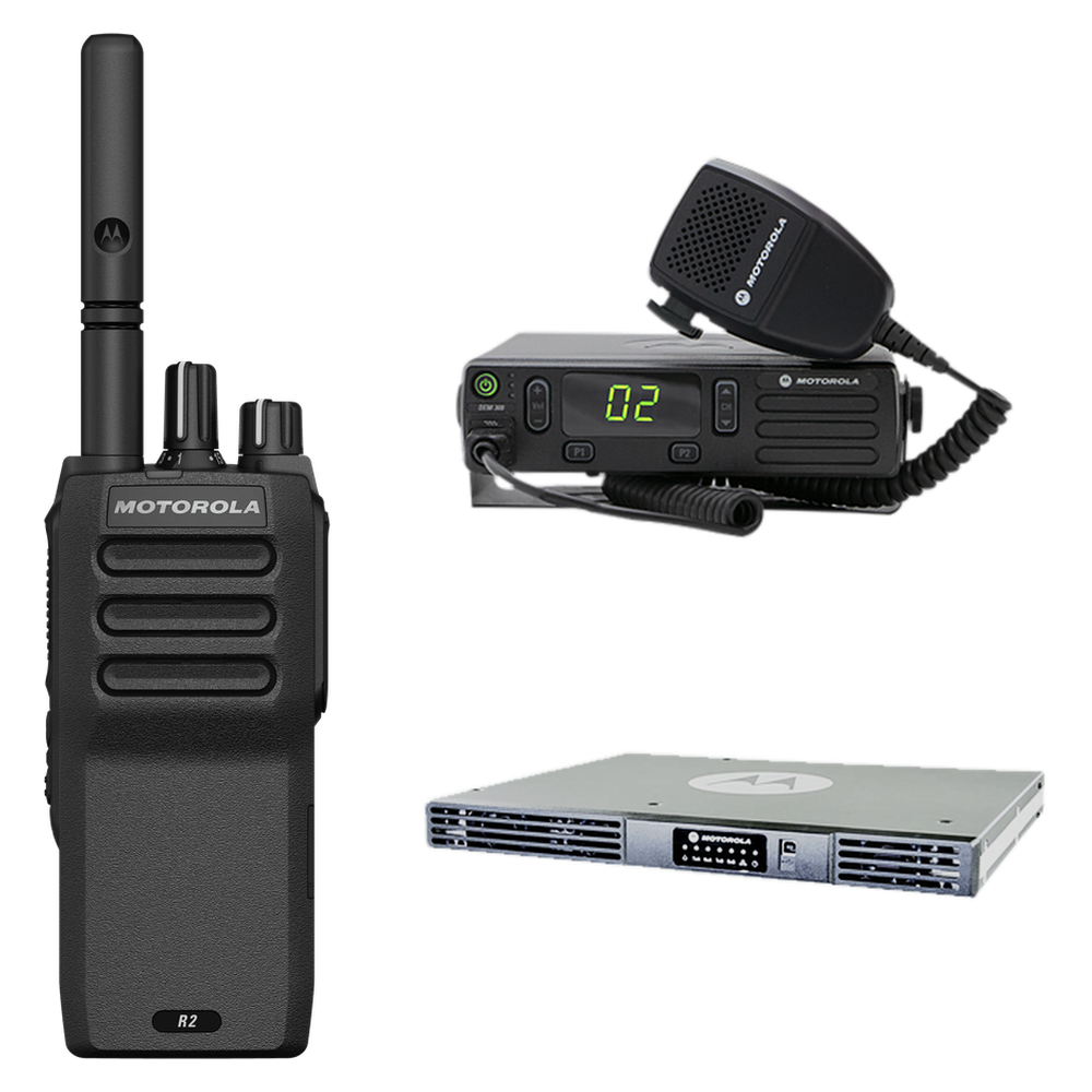 Radio port&aacute;til Motorola R2, m&oacute;vil DEM 300 y repetidor SLR 5100